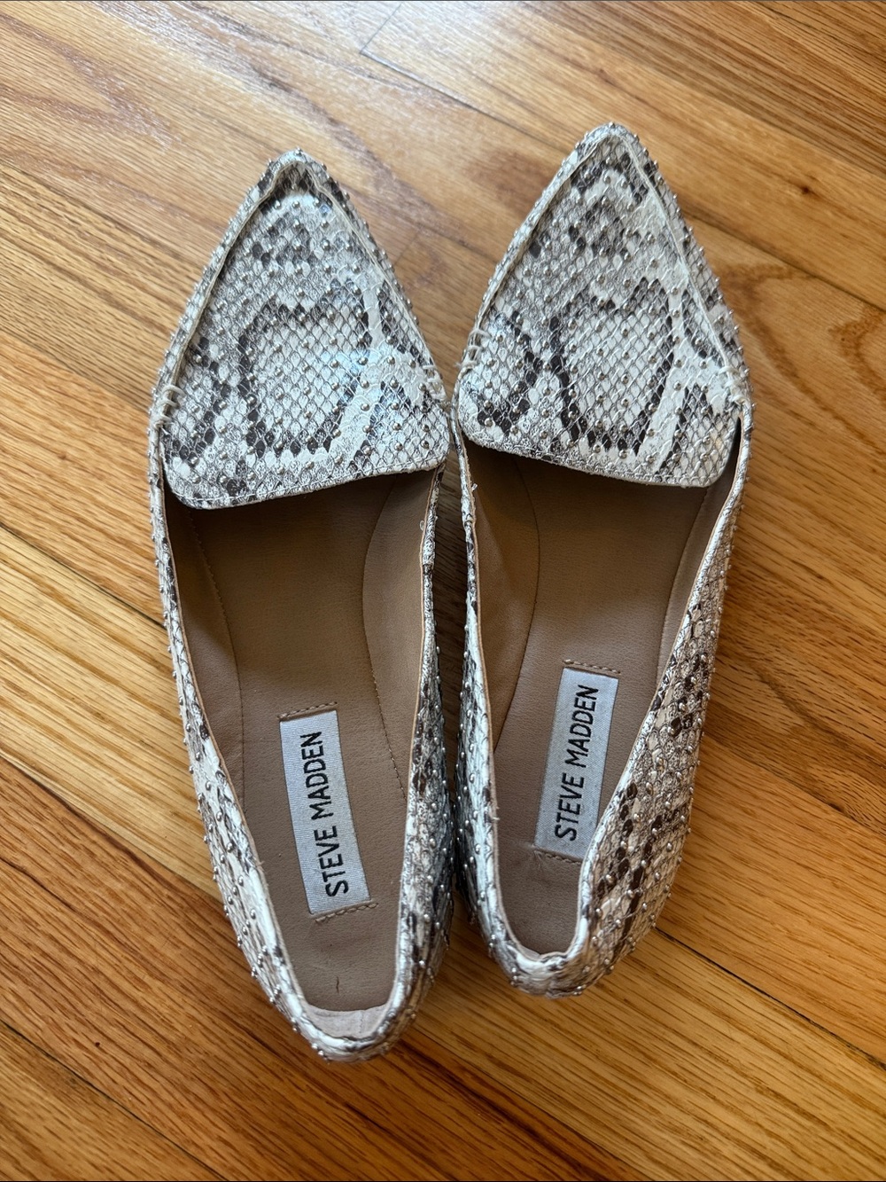 Steve Madden Women's Snake-Print Pointed Flats in Beige and Brown